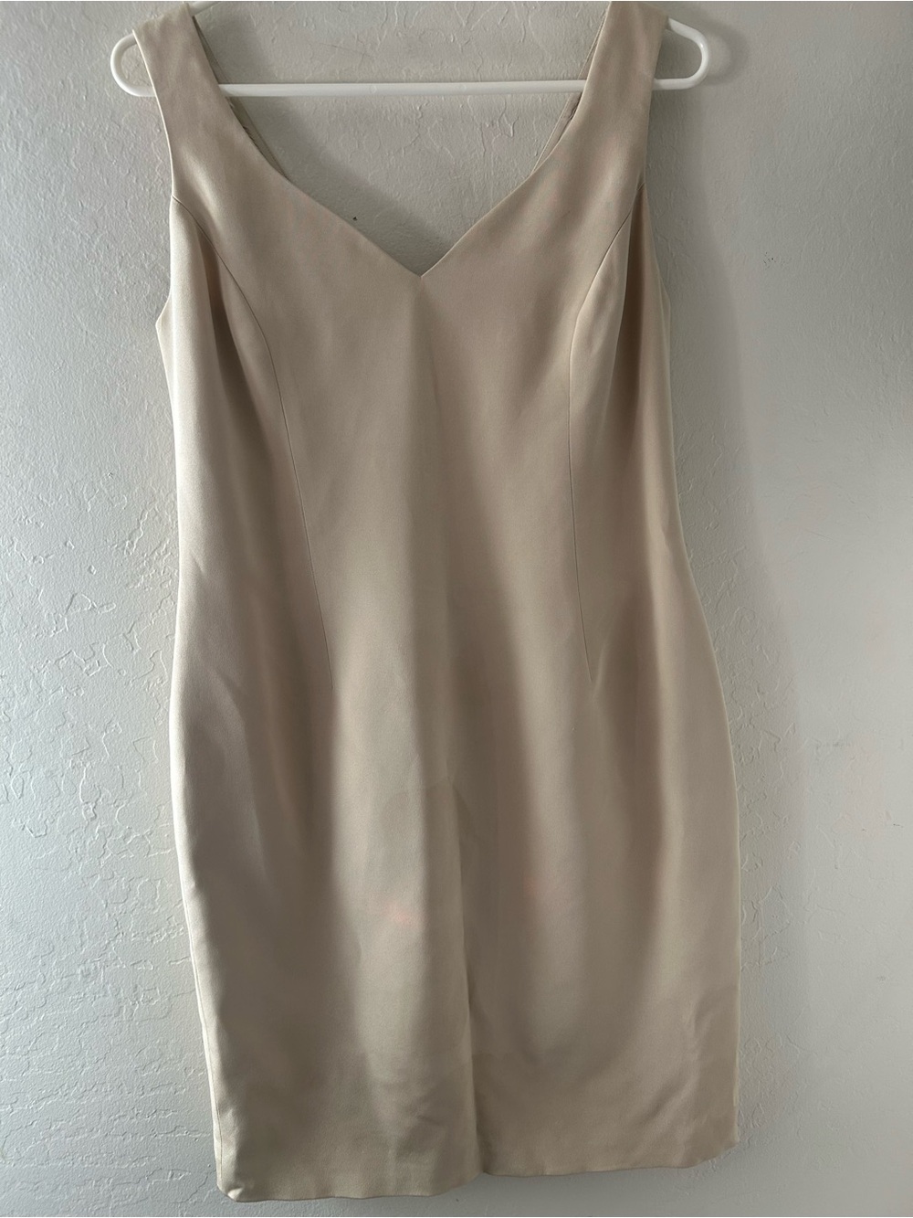 Rickie Freeman for Teri Jon Sleeveless V-Neck Midi Dress in Beige, 100% silk.